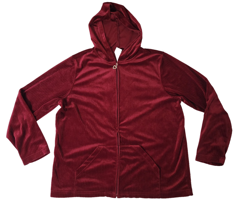 Fashion Bug Womens 18/20W Burgundy Ribbed Velour Zip Up Hoodie Heart Zipper Y2K